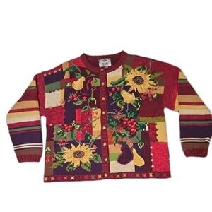 Vintage 2001 Tiara International Chunky Knit Cardigan Sweater Sunflower Fruit XL